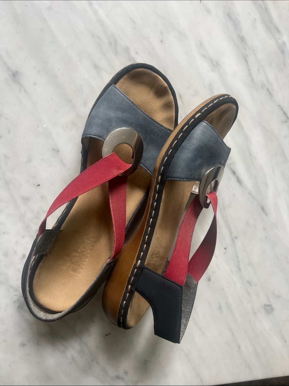 Rieker Blue and Red Slingback Sandals with Silver Ring Accent